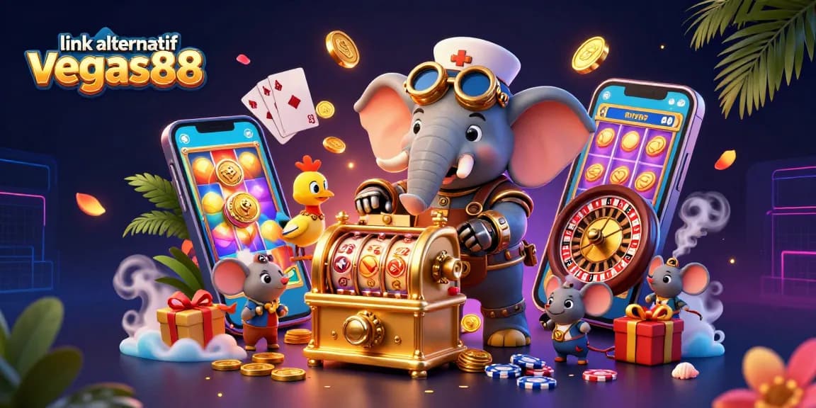 Taruhan slot menguntungkan dengan link alternatif vegas88 yang aman, dikelilingi karakter kasino unik.