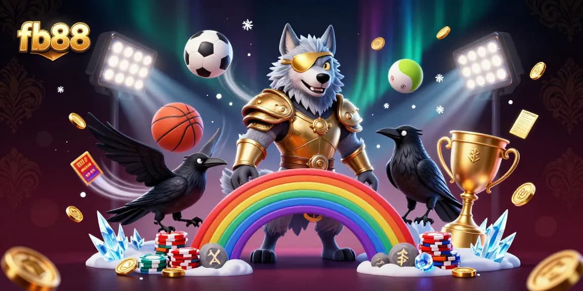 Experience the excitement of sports betting at fb88 with a vibrant 3D illustration of Odin, casino chips, and sports elements.