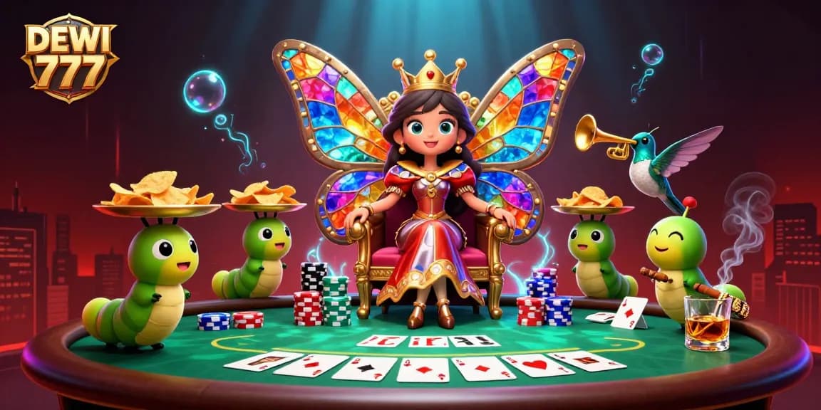 Experience the excitement of DEWI 777 with a vibrant 3D illustration of a thrilling poker scene featuring dynamic characters.
