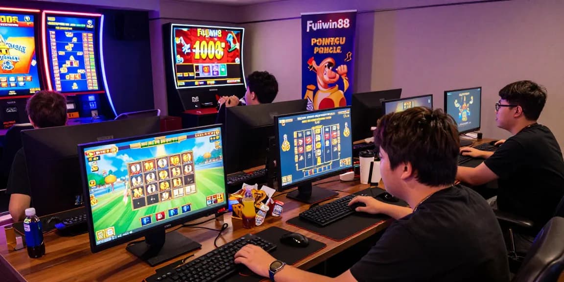 Suasana kompetisi slot online di Fujiwin88, pemain bersorak dan berinteraksi di ruang permainan yang cerah.