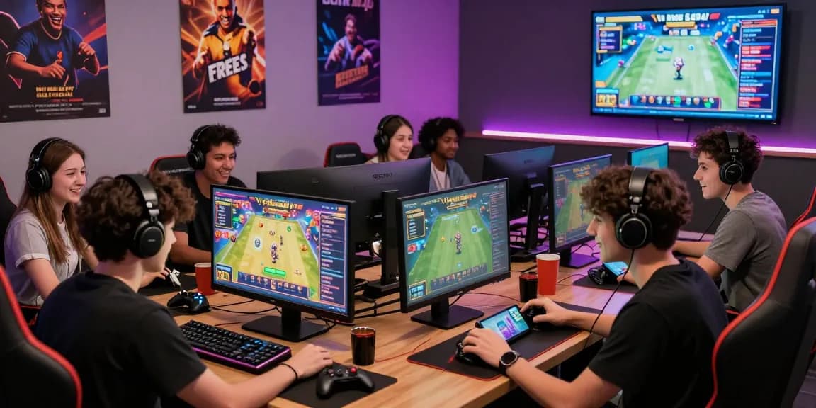 Exciting scene of players enjoying game bài đổi thưởng in a vibrant gaming lounge with colorful graphics and free bets.