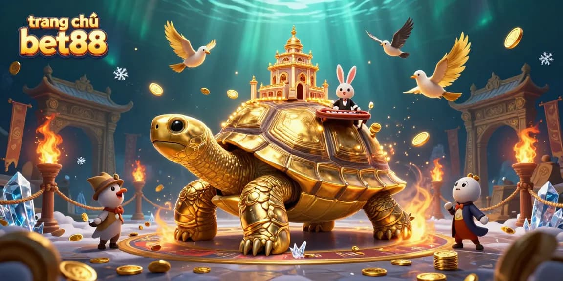 Experience the excitement of trang chủ bet88 with a vivid casino illustration featuring golden tortoise and rabbit dealer.