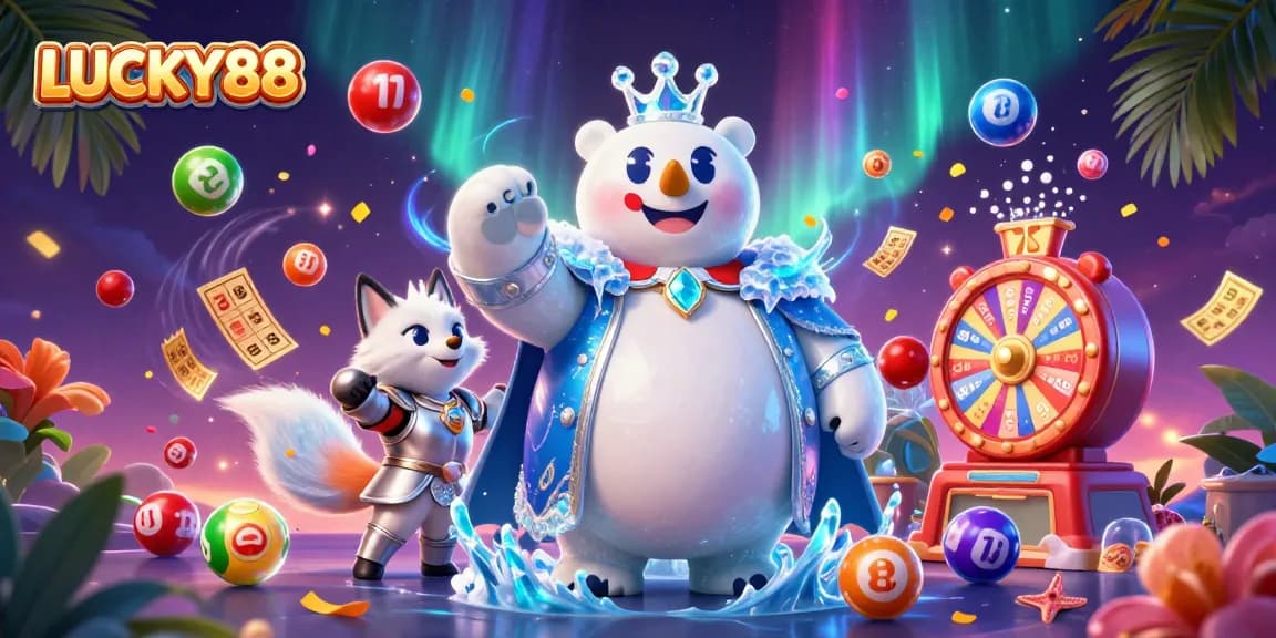 LUCKY88 features a dynamic 3D illustration of an ice king polar bear and fox amidst vibrant bingo elements.