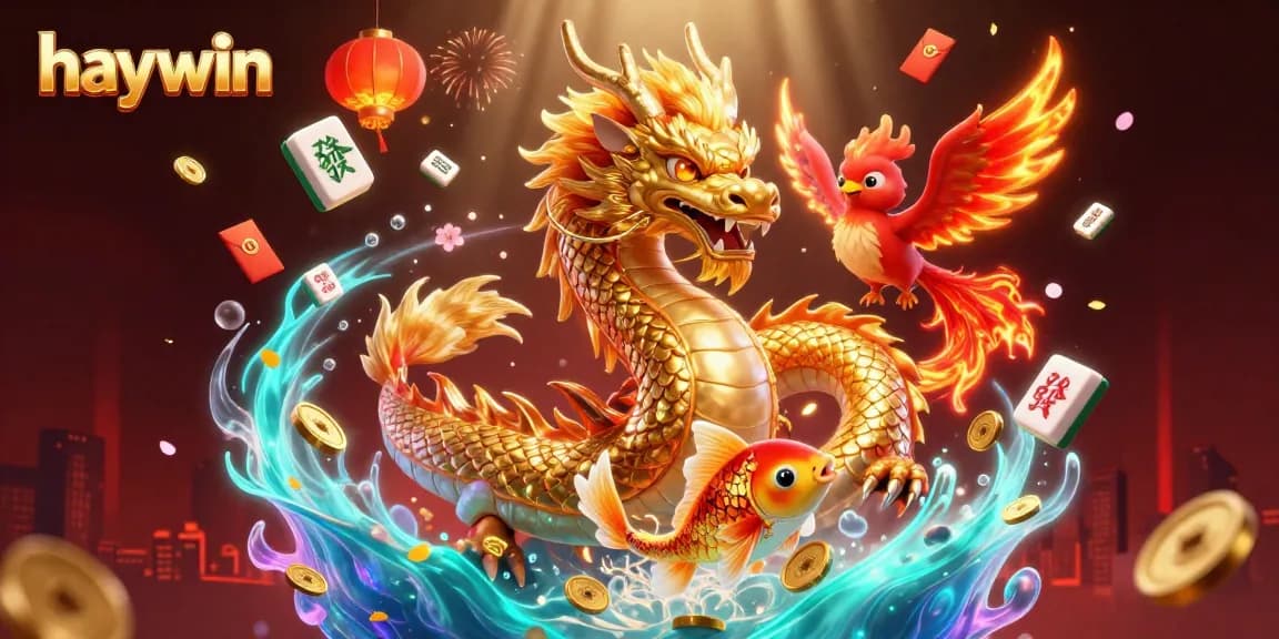 Experience thrilling gameplay at haywin, featuring a powerful golden dragon, a phoenix, and coins cascading.