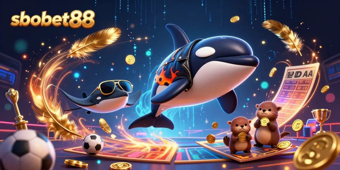 Bet on sbobet88 with a vibrant scene showcasing a 3D cartoon whale, stingray, and otters holding coins.