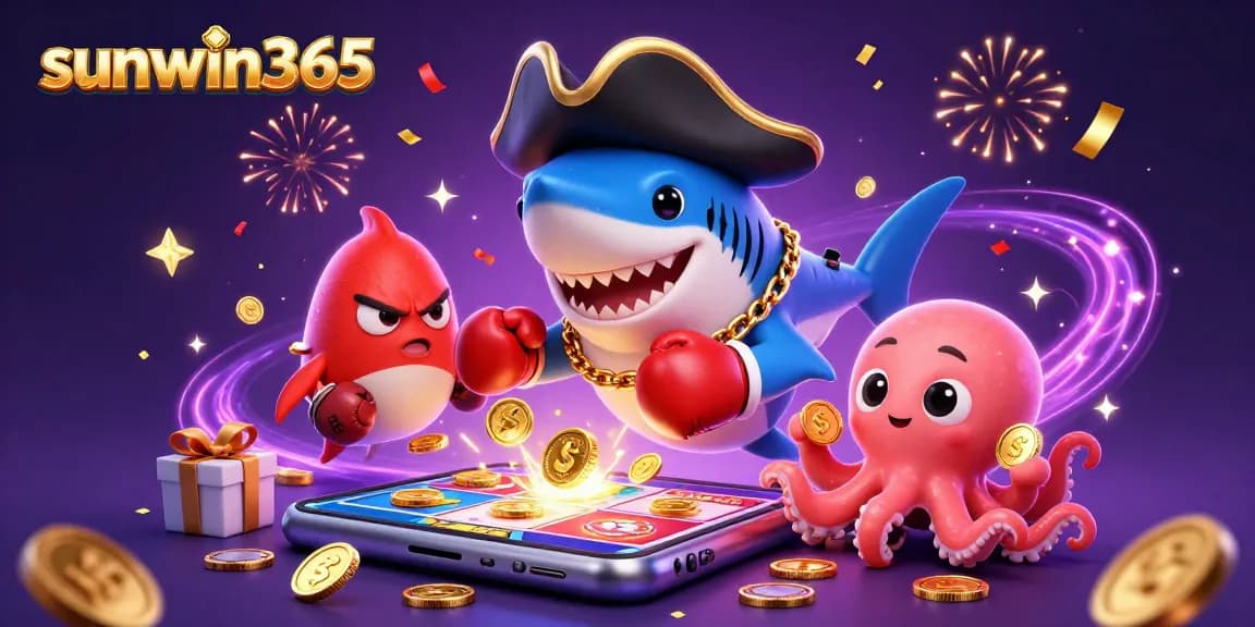 Engage in adventure with sunwin365 featuring a pirate shark and friends amid casino elements.