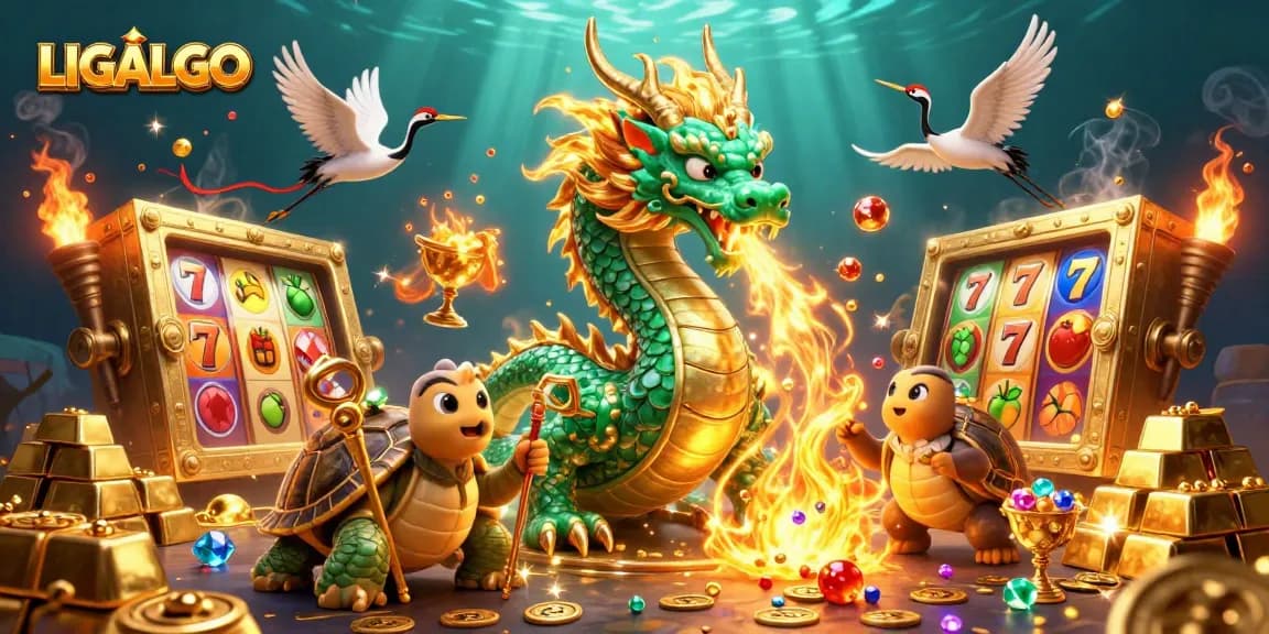 LIGALGO showcases a magical dragon breathing fire surrounded by slot reels and treasures in a vibrant casino scene.