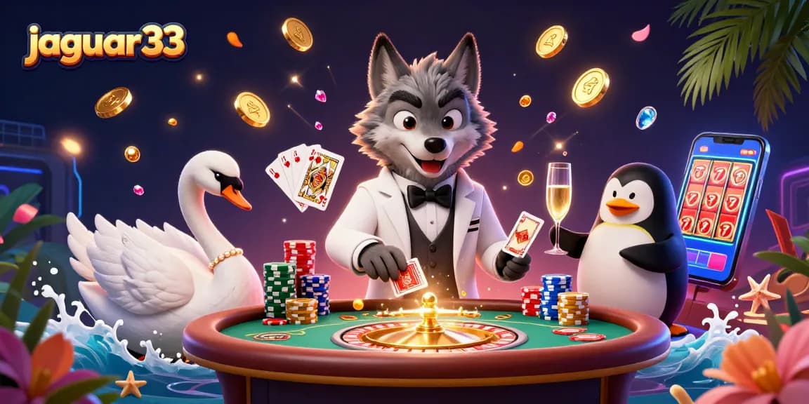 Experience exciting wins at jaguar33 with this vibrant casino scene featuring a debonair wolf and elegant characters.