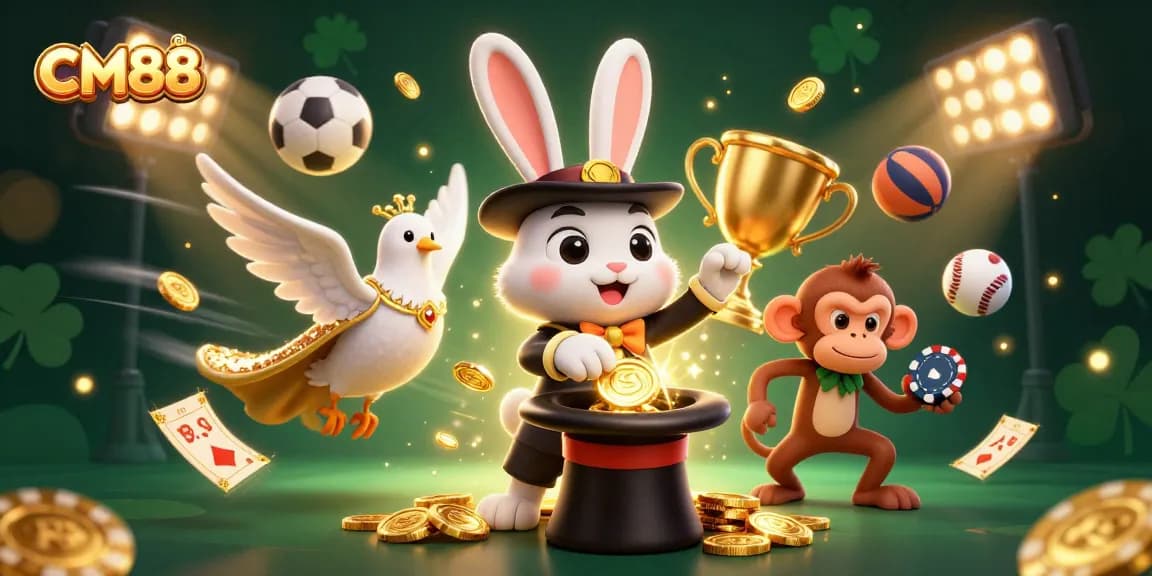 Engage with CM88 and experience thrilling online gaming adventures, featuring a magician rabbit and coins.