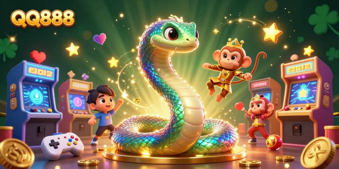 Engage with QQ888's vibrant world of gaming as a whimsical rainbow serpent coils around golden pillars.