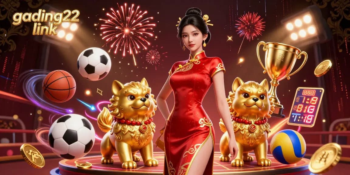 Engage with the gading22 link in a vibrant 3D casino scene filled with dynamic sports elements and festive fireworks.