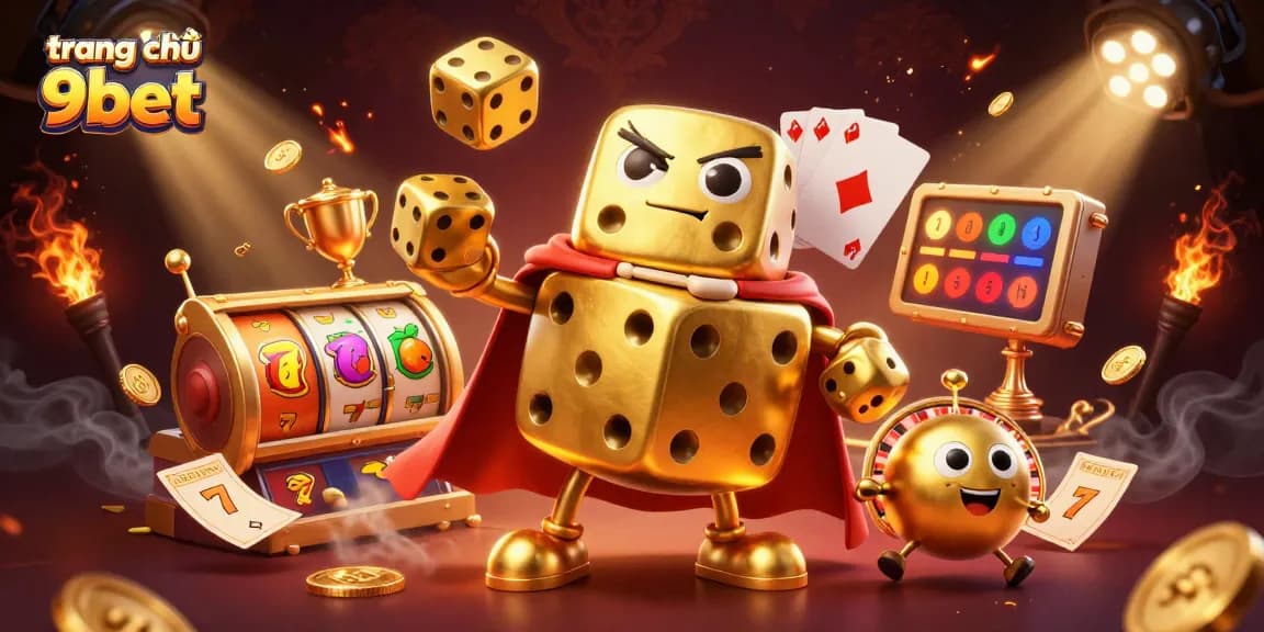 Engage in thrilling gameplay at trang chủ 9bet with a dynamic scene featuring golden dice, slot reels, and vibrant gaming elements.