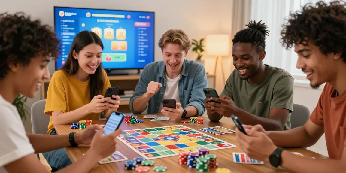 Engaged friends playing Card Rummy together, showcasing the fun and excitement of play now in a vibrant gaming atmosphere.