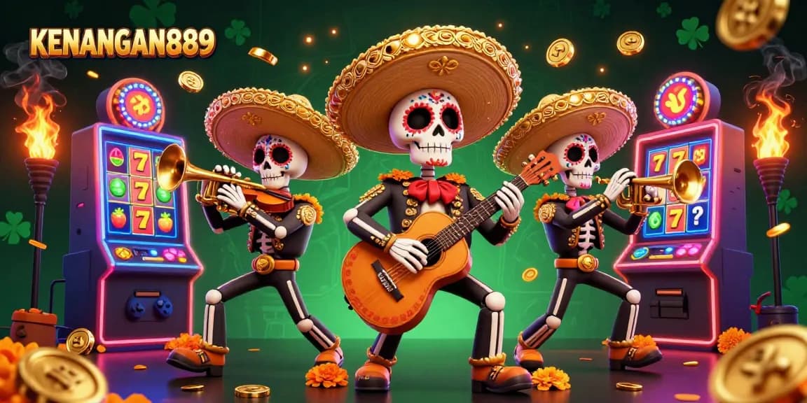 Experience thrilling gameplay with KENANGAN889 as skeleton mariachi band celebrates wins amid slot machines.