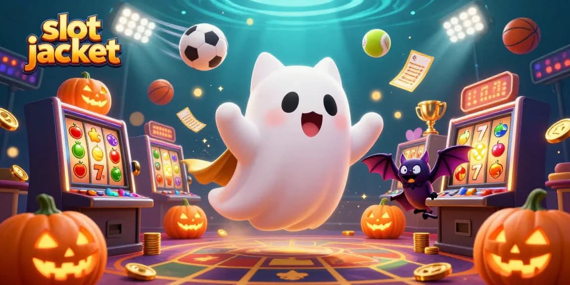Menangkan slot jackpot dengan permainan di kasino online, dikelilingi oleh kucing hantu dan dekorasi menarik.