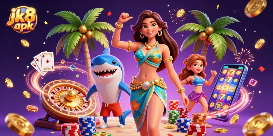 Experience the excitement of jk8 apk with a vibrant 3D casino illustration featuring dynamic game elements.