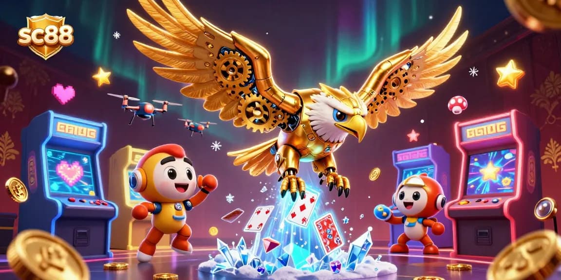 Experience thrilling wins at sc88 with a golden eagle soaring through a vibrant casino scene.