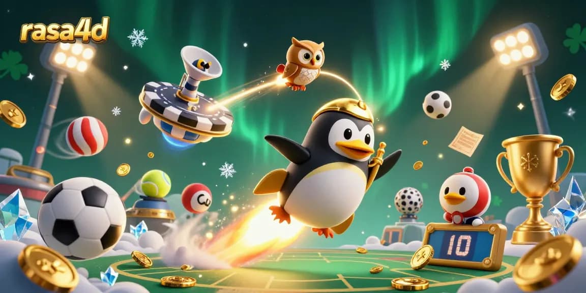 Rasakan keseruan bermain di rasa4d dengan penguin emas melaju di antara koin emas dan bola olahraga.