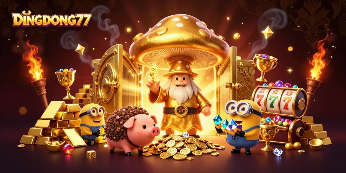 DINGDONG77 illuminates a vibrant online casino scene with golden treasures and dynamic slot elements.