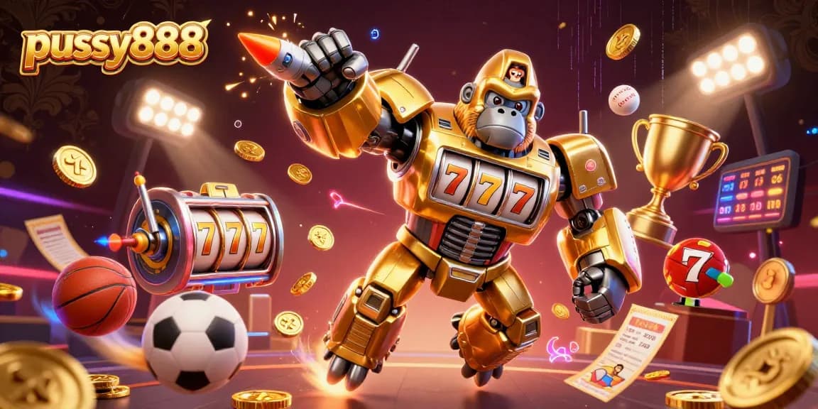 Punch upward with golden gorilla mech in the vibrant world of pussy888 slot gaming.