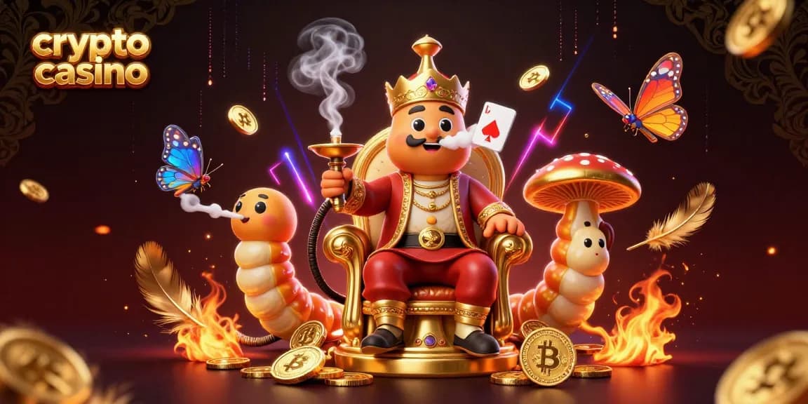 Engage in the vibrant atmosphere of a crypto casino with a whimsical caterpillar character.