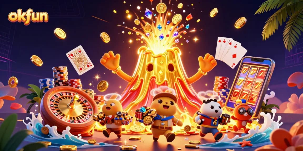 Experience the thrill of okfun with golden treasures erupting from the volcano in this dynamic casino scene.