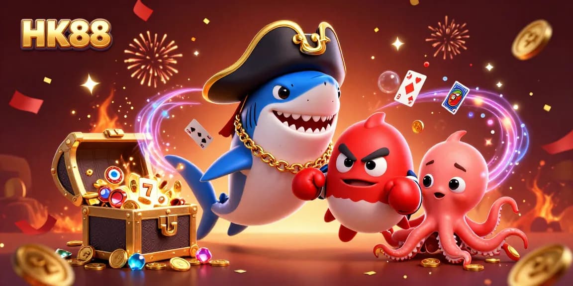 Engage with HK88's thrilling slots with our vibrant pirate-themed illustration showcasing underwater action.