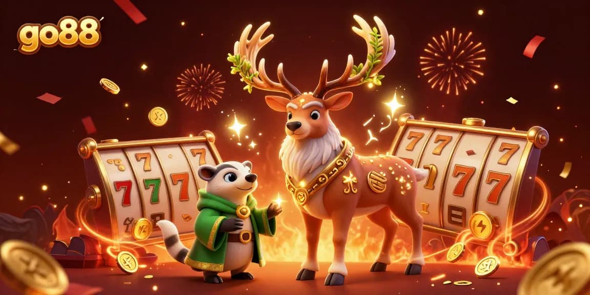 Experience the thrill of go88 with 3D slot reels and vibrant festive elements in this dynamic casino scene.