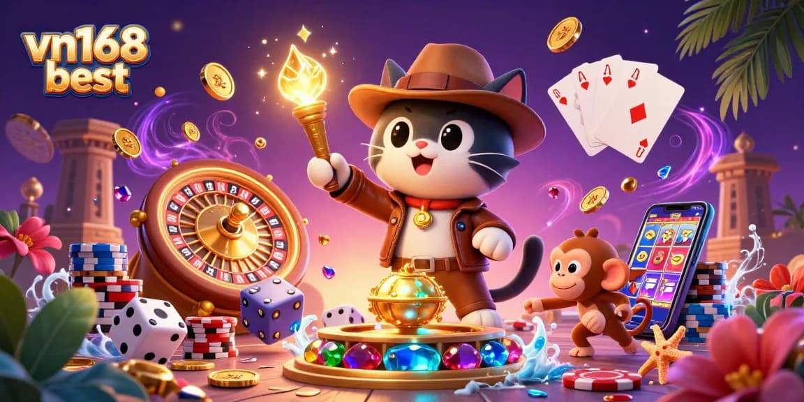 Experience the excitement of vn168 best with a 3D explorer cat in a casino temple, gold coins, and vibrant game elements.