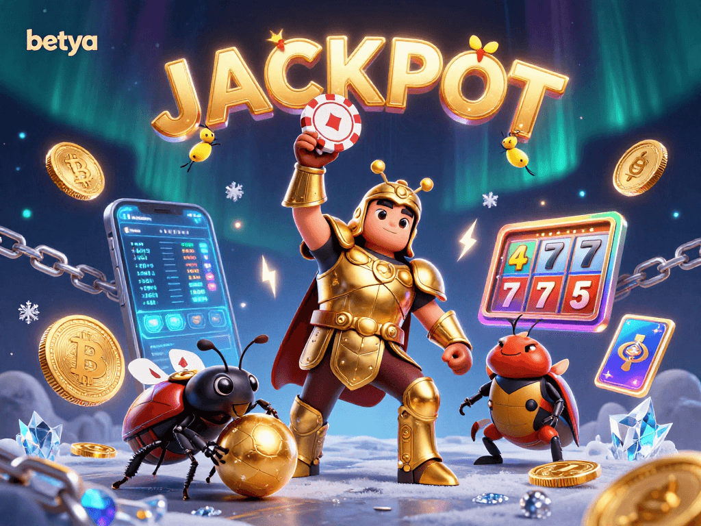 Betya's epic jackpot scene showcasing a victorious beetle lifting a poker chip among crypto treasures.