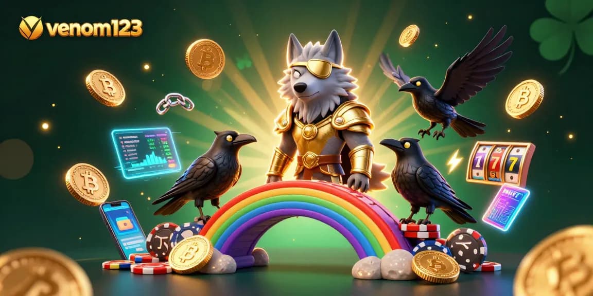 Permainan slot gacor di venom123 dengan Odin dan dua burung gagak bersinar, simbol keberuntungan menarik di kasino online