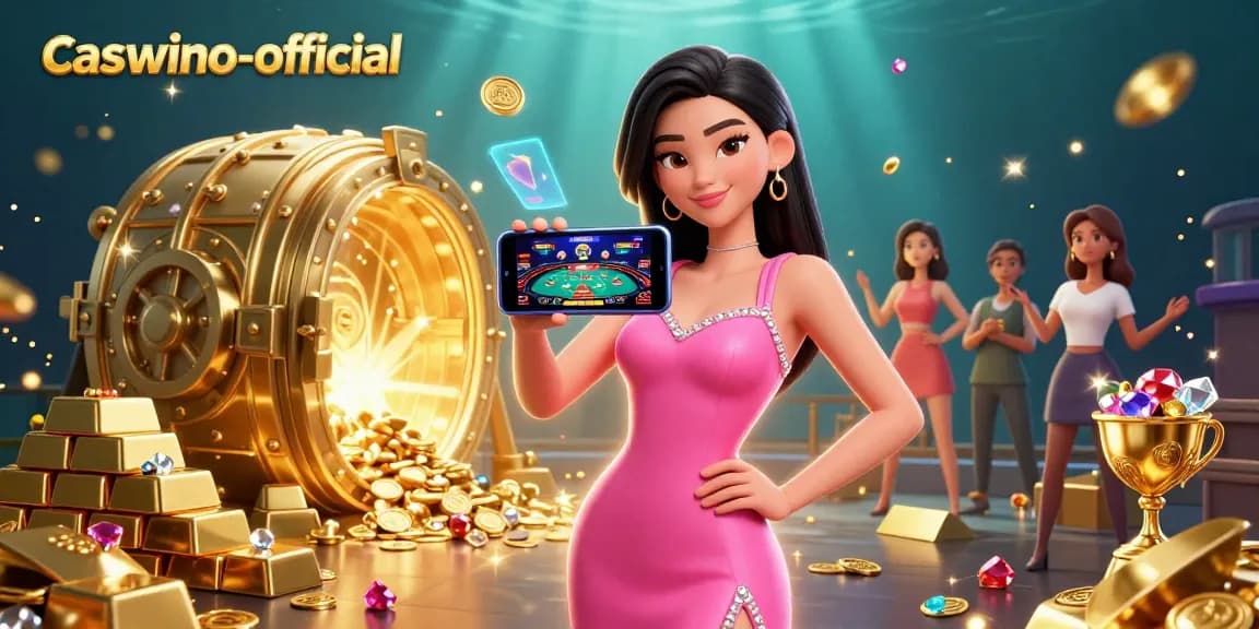 Engage with caswino-official showcasing an Asian woman playing a live dealer game amidst vibrant casino treasures.