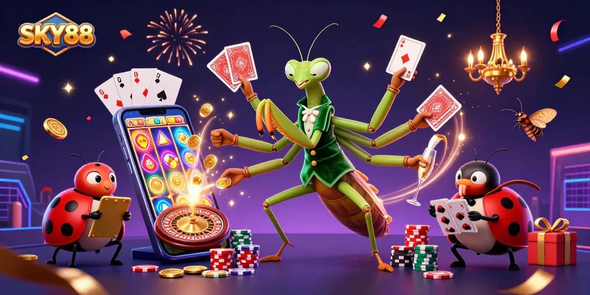 Experience the thrill of SKY88 with a vibrant casino scene full of action and celebration.