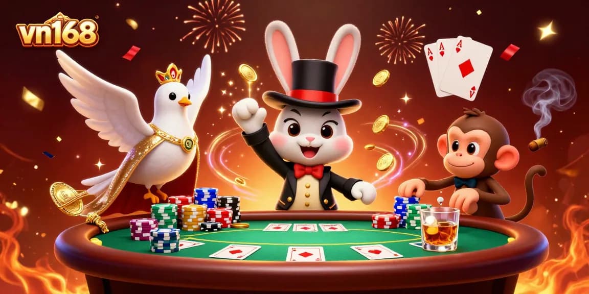 Experience the magic at vn168 with animated characters pulling in golden wins from vibrant casino elements.