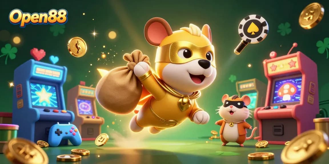 Capture the excitement of Open88 as cartoon characters celebrate gaming with colorful casino elements.