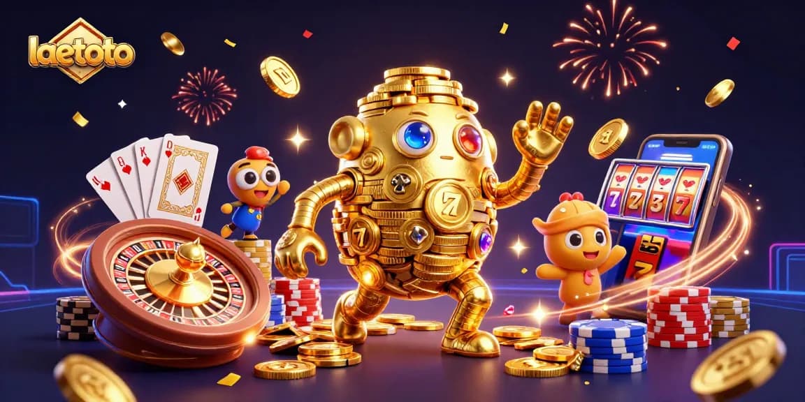 Engage with laetoto's dynamic gaming action featuring a golden golem surrounded by cascading jewels and coins.