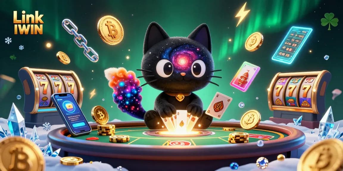 Engage with Link IWIN as the black hole cat pulls in chips and cards at an exciting cosmic casino.