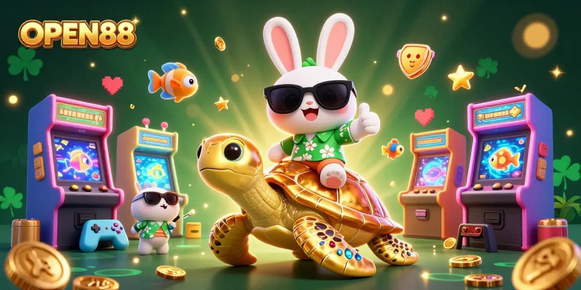 Bet on exciting games at OPEN88 with a vibrant 3D illustration featuring a lucky rabbit and golden turtle.