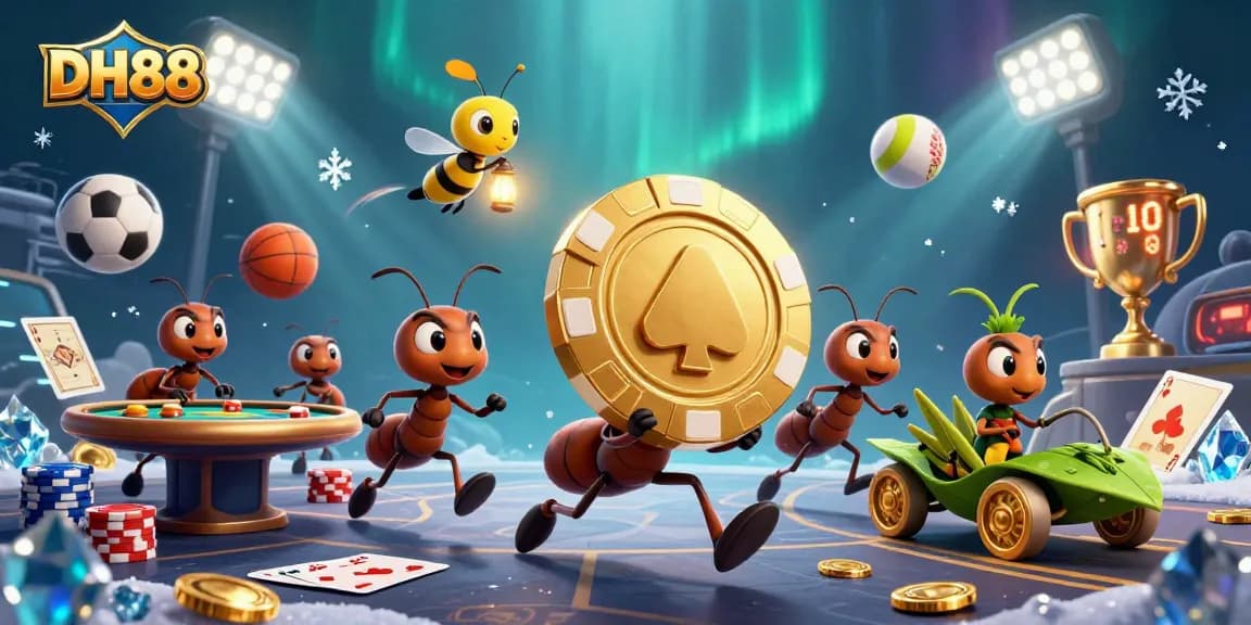 Experience DH88 excitement with cartoon ants heisting a giant poker chip in a dynamic casino scene.