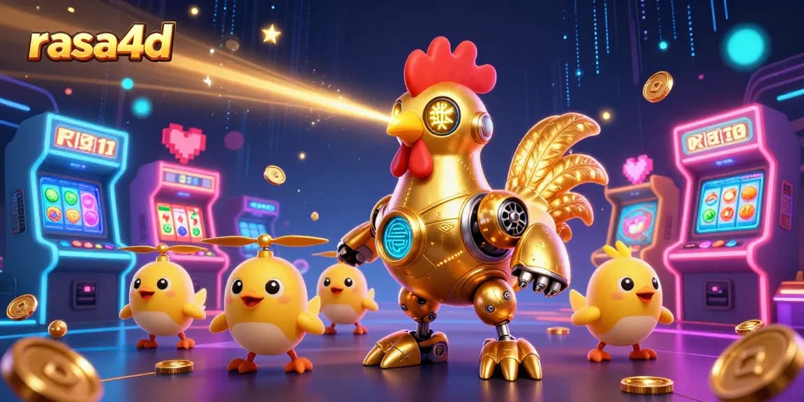 Gambarkan permainan kasino dengan rasa4d dan karakter robot ayam emas futuristik dalam skenario ceria.