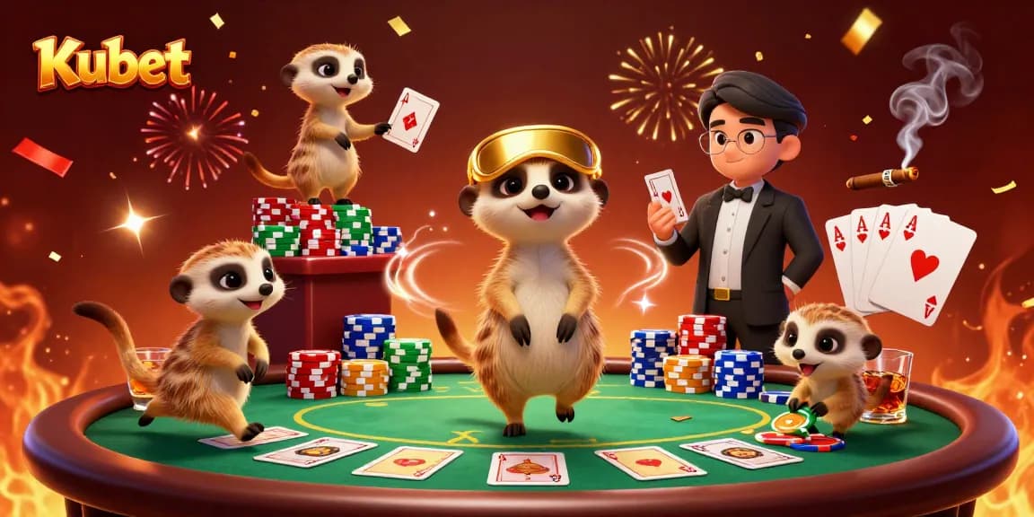 Kubet's meerkat casino scene showcasing dealers and excitement with vibrant colors.