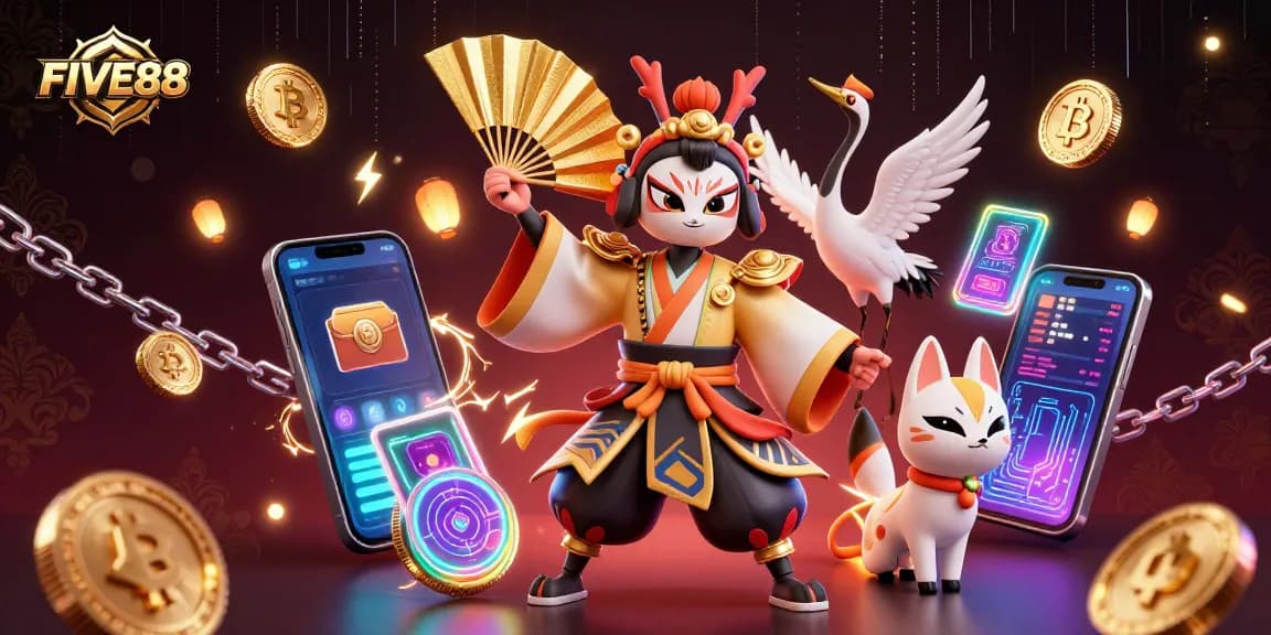 Experience the excitement of FIVE88 with vibrant 3D elements and gaming action.