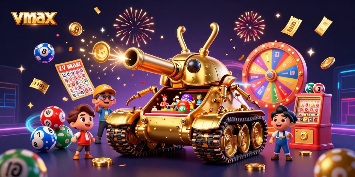 Join the fun at vmax casino with miniature roulette wheels and colorful lottery balls flying through the air!