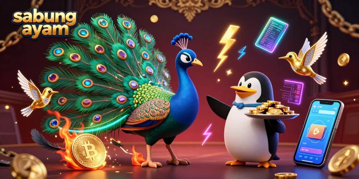 Experience thrilling sabung ayam action in a vibrant, gemstone-filled arena with a detailed peacock and penguin.