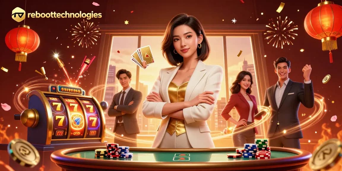 Experience the excitement of reboottechnologies with this vibrant casino scene featuring slot reels, cards, and celebratory elements.