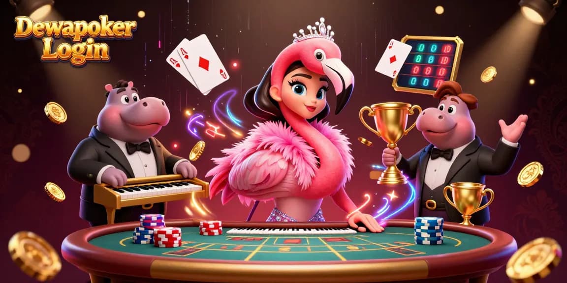 Dewapoker Login features a vibrant 3D illustration with poker elements and dynamic characters in a casino.