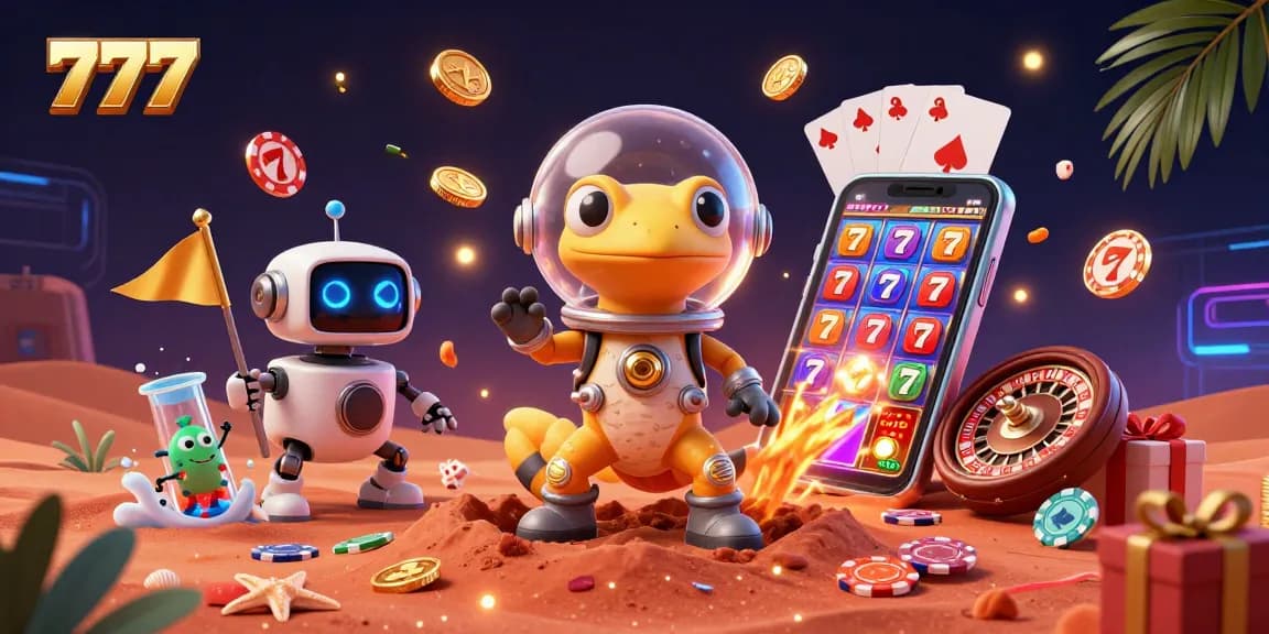 Engage with the thrilling 777 casino adventure featuring a Martian gecko and a robot in a dynamic gambling scene.