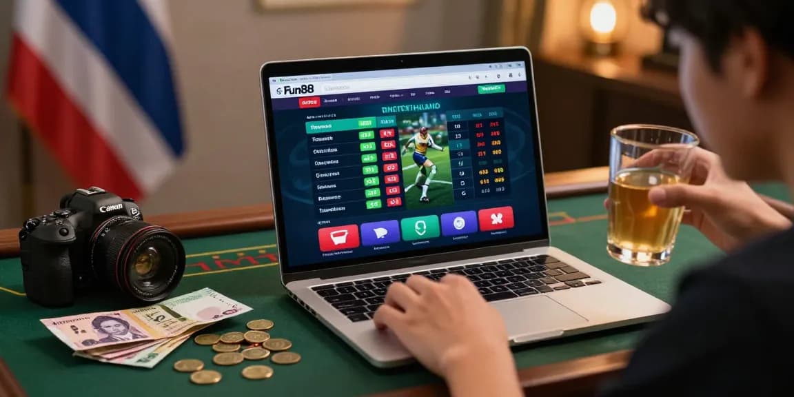 Engaged bettor exploring Fun88Thailand website with Thai currency in a cozy atmosphere.