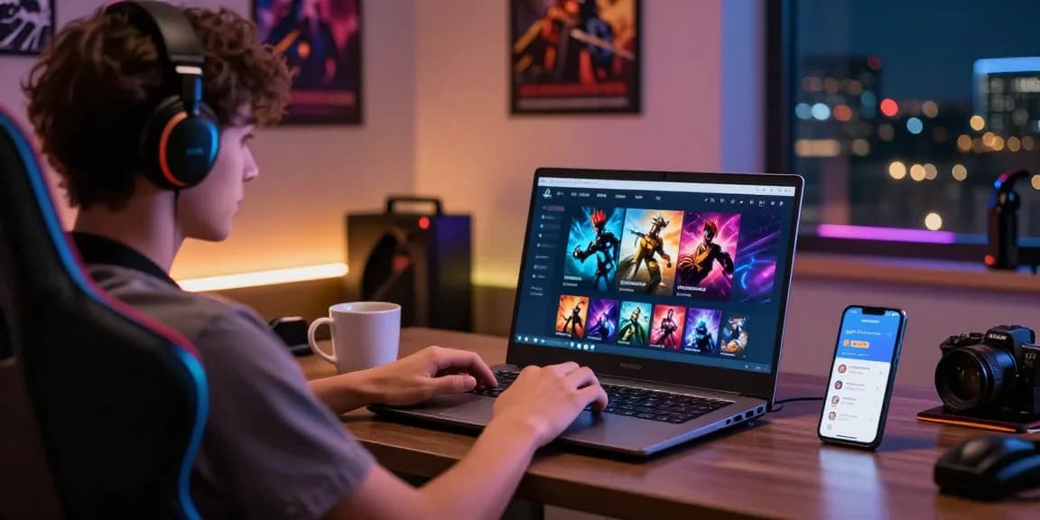 Pengguna 91dewa menikmati permainan digital di laptop dalam ruangan nyaman.