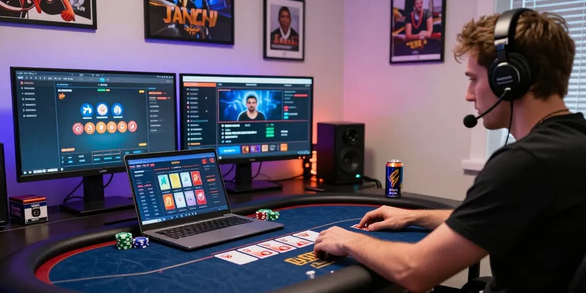 Engaged player immersed in Daftar Nagapoker experience at a modern home office with vibrant poker graphics and memorabilia.